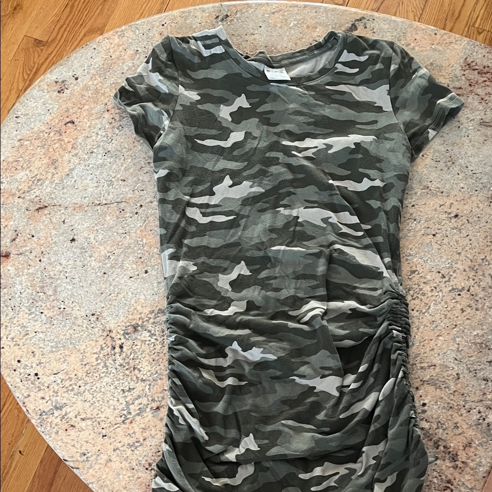 Camo Ruched Side T-Shirt Dress - Olive & Gray